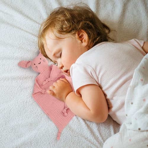 Image of 2 Pack Organic Cotton Muslin Bunny Lovey Blanket, Soft Baby Lovey Blanket | Breathable Security Blanket for Newborns, Baby Gift for Boys & Girls, Pink & Green