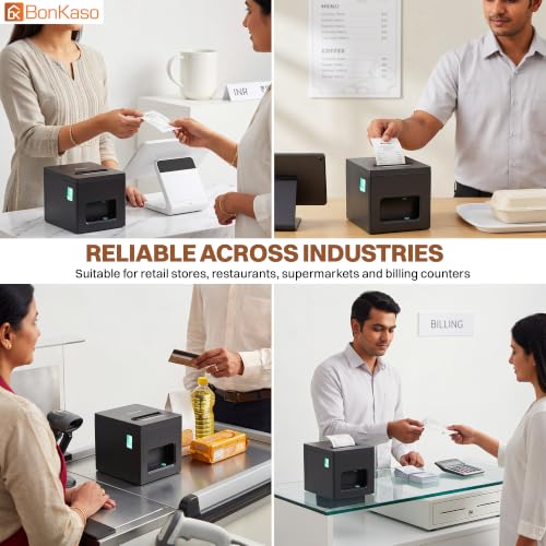 Image of BonKaso BKT04 80mm Thermal Receipt Printer POS Bill Printer 200mm /s High Speed ESC /POS with Auto Cutter USB LAN WiFi BT Connectivity for Retail Restaurant Warehouse Pharmacy 12x16x12cm Black