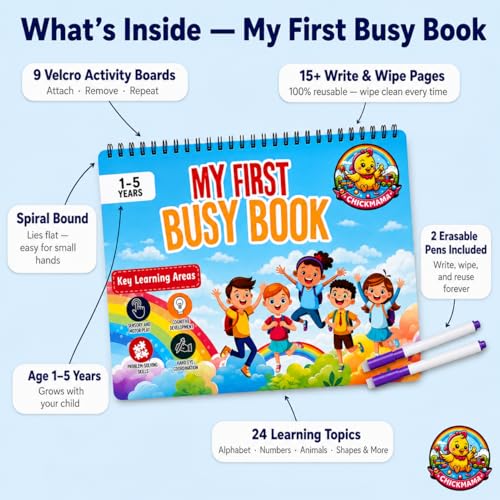 Image of CHICKMAMA Busy Binder Book for Toddlers 1-5 Years | 9 Velcro Activity Boards + 15 Write & Wipe Reusable Pages | 50+ Velcro Pieces | 2 Erasable Pens | Montessori Quiet Book | Educational Activity Toy