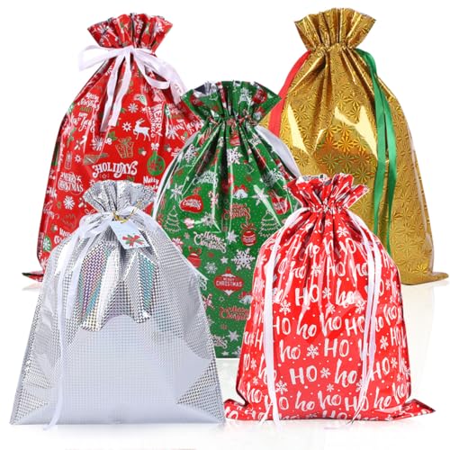 Christmas Drawstring Gift Wrapping Bags: Large Size Goody Bags Christmas Bags 5pcs Festive Design Foil Gift Bags