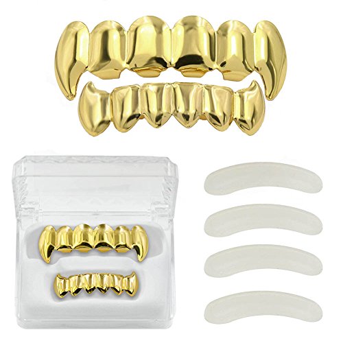 TOPGRILLZ Hip Hop 14K Gold Plated Vampire Fangs Top and Bottom Grillz for Your Teeth with 4 Silicon Molding Bars (2 Extra)(Vampire)