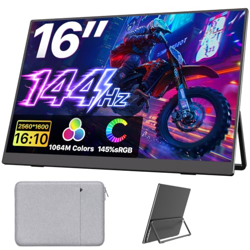 Upperizon Portable Monitor 16 inch 2K QHD 2560X1600 145% sRGB 144Hz USB-C 120Hz HDMI Travel Monitor for Laptop MacBook PC Surface PS5 Xbox External Display with Kickstand & Speaker VESA Compatible