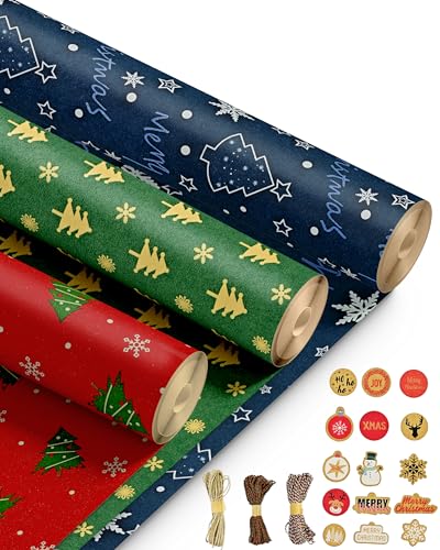 Kraft & Co – 3 Pack Kraft Christmas Wrapping Paper Rolls 69cm x 8m, Recycled & Eco-Friendly Gift Wrap with 15 Tags & 3-Color Twine, Christmas Wrap Tear-Resistant, Sustainable Packaging, 24m Rol