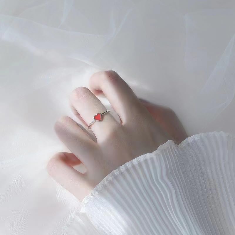 Cute Red Enamel Love Heart Open Statement Ring for Women Silver Dainty Sweet Minimalist Thin Tiny Adjustable Stacking Knuckle Finger Engagement Rings Jewelry for Daughter Her - Image 5