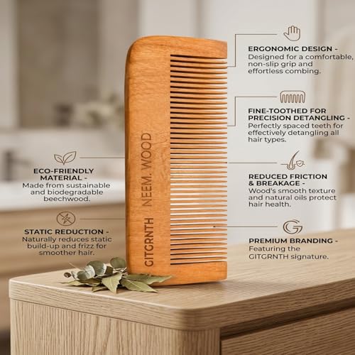 Image of GITGRNTH Natural Neem Wood Comb Set of 2 for Women & Men, Handcrafted Anti Static Wooden Hair Comb for Hair Detangling, Eco Friendly Fine Neem Wood Comb for Frizz Control & Hair Breakage Prevention