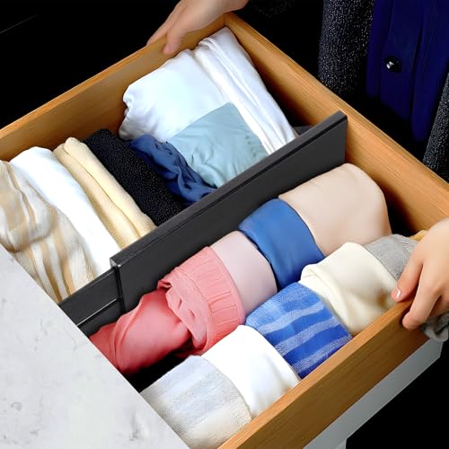 Image of Utoplike Bamboo Dresser Drawer Dividers, 4'' High Adjustable Drawer Organizers for Clothing, Spring Loaded, Works in Kitchen, Bathroom, Bedroom, Drawer, Desk, 4 PCS, Black