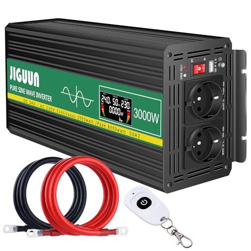 JIGUUN 3000W inverter 24V 220V onda pura Trasformatore con 2 prese EU e una porta USB 2.1A - Telecomando senza fili e display LCD Potenza di picco 6000W per camion camper emergenza