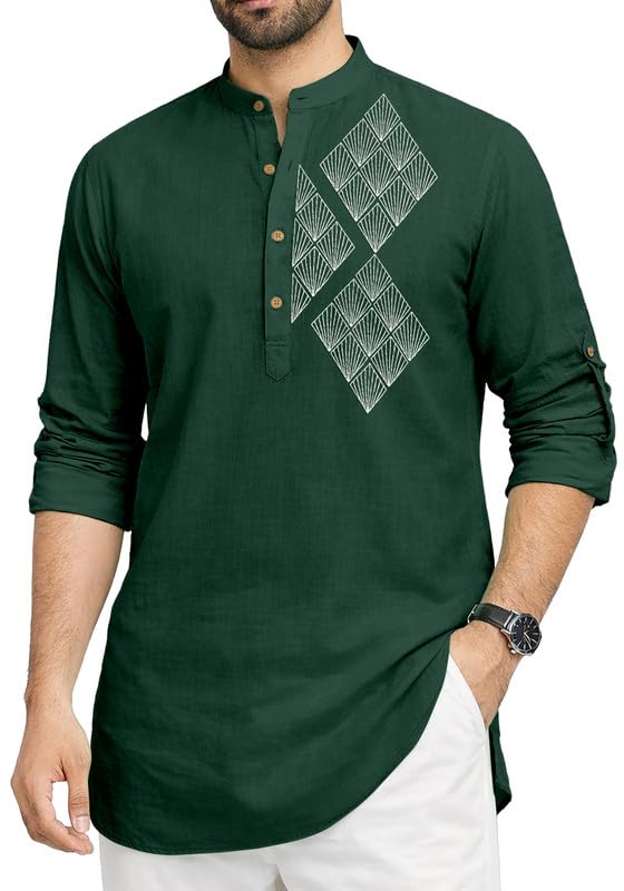 imperial choice Men’s Cotton Blend Printed Short Kurta | Full Sleeve Mandarin Collar Stylish Ethnic Wear Self One Design Kurta Shirt for Men-picture-36