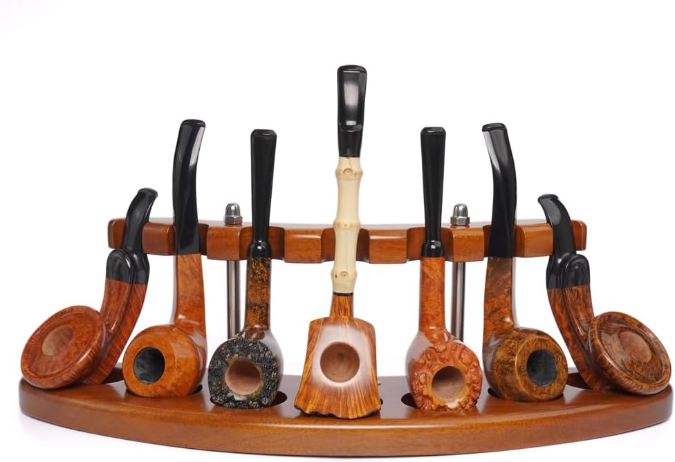 MUXIANG Walnut Wooden Tobacco Pipe Stand Holder Rack for 7 Tobacco Pipes, Handmade from Solid Wood Fan-shaped Design Pipe Rack FA0137