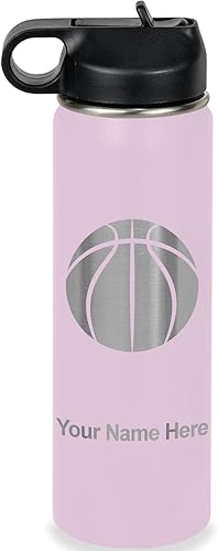 Miniatura 70 de LaserGram Botella de agua personalizada, pelota de baloncesto, acero inoxidable de doble pared aislada al vacío con popote superior, regalo grabado