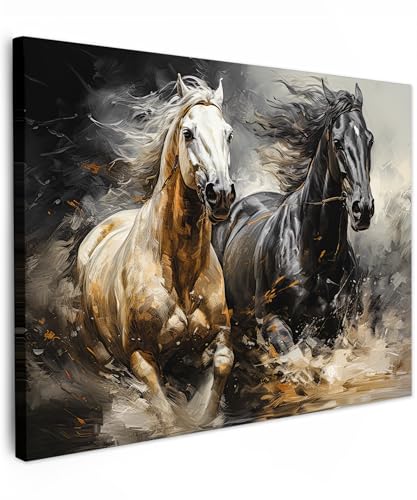 MuchoWow© Impressions sur Toile 80x60 cm Deco Tableau Murale Decoration Salon Peinture Tableaux Chambre Toiles Maison Chevaux - Noirs - Blancs - Animaux
