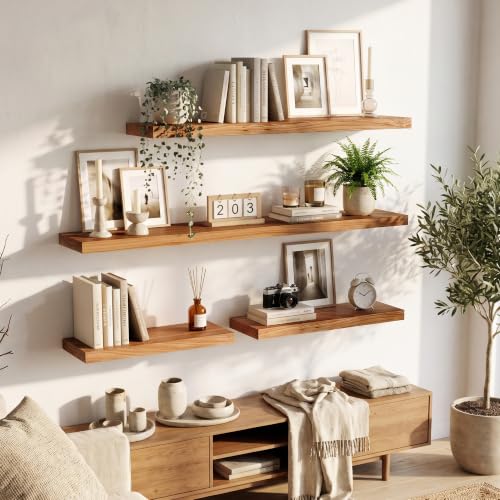 Image of Elm Floating Shelves for Wall - 20 in Rustic Solid Wood Shelves with Heavy-Duty Invisible Bracket, Wall-Mounted Wooden Shelf for Living Room, Bathroom, Kitchen Storage & Display, Set of 2, Natural