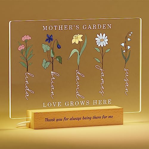 Voryusmer Personalized Mothers Garden Night Light - Engraved Birth Month Flower Name Base Text Optional LED Lights