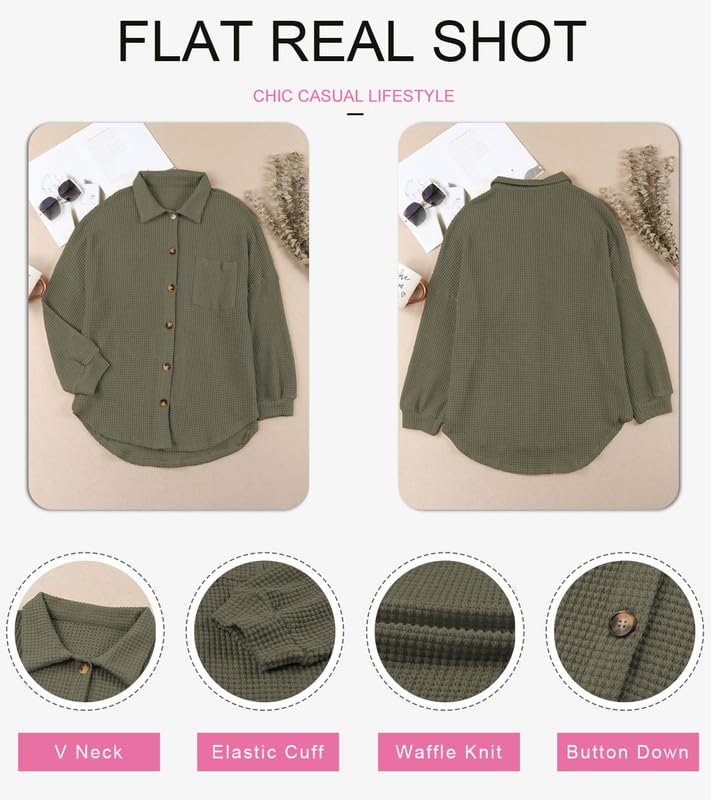 Image of Dokotoo Womens Waffle Knit Shacket Jacket Casual Button Down Shirts Tops | Long Sleeve,Loose Fit,Boyfriend Style,Collared V Neck,Fall Cardiga,Outwear with Pockets