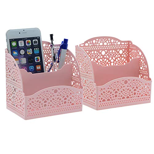 Saim Office Desktop Storage Organizer Plastic Hollow Pattern, Remote Control Cosmetic Phone Pen Pencil Holders 2Pcs(Pink)
