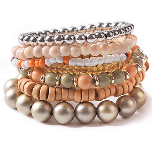 TQS Stacked Bracelets - 7Pcs Multi Layers Bracelet - Bohemian Stretch Beaded Bangle Chain for Women Bone
