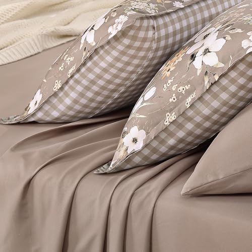 Image of Andency Twin Size 5 Piece Reversible Bed in a Bag - Botanical Floral & Gingham Comforter Set, Farmhouse Vintage Rustic Comforter,Brown