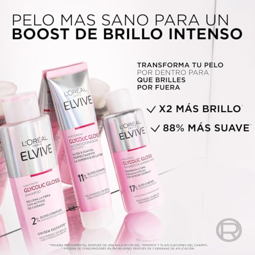 Miniatura 2 de L'Oréal Paris Elvive Glycolic Gloss Rutina Completa con Ácido Glicólico | Pack Champú sin sulfatos, Acondicionador y Tratamiento, Brillo Efecto Espejo, Para Cabello Poroso, Elvive Glycolic Gloss