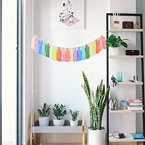 NINGWANG 37Inch Pastel Rainbow Tassel Garland with Wood Bead Colorful Tapestry for Bedroom Wall Classroom Nursery