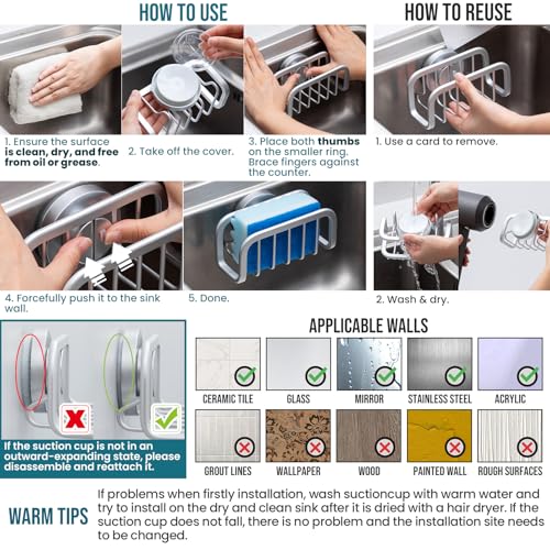 Image of TAILI Silver Sponge Holder for Kitchen Sink with Strong Suction Cup | Removable Sink Caddy for Kitchen Sink Oganizer, Rustproof Aluminum Sink Sponge Holder for Scraper Brushes, Stoppers