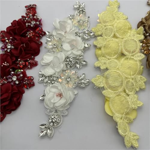 Applique en dentelle 3D patch brodé strass fleur à coudre robe mariée - 3