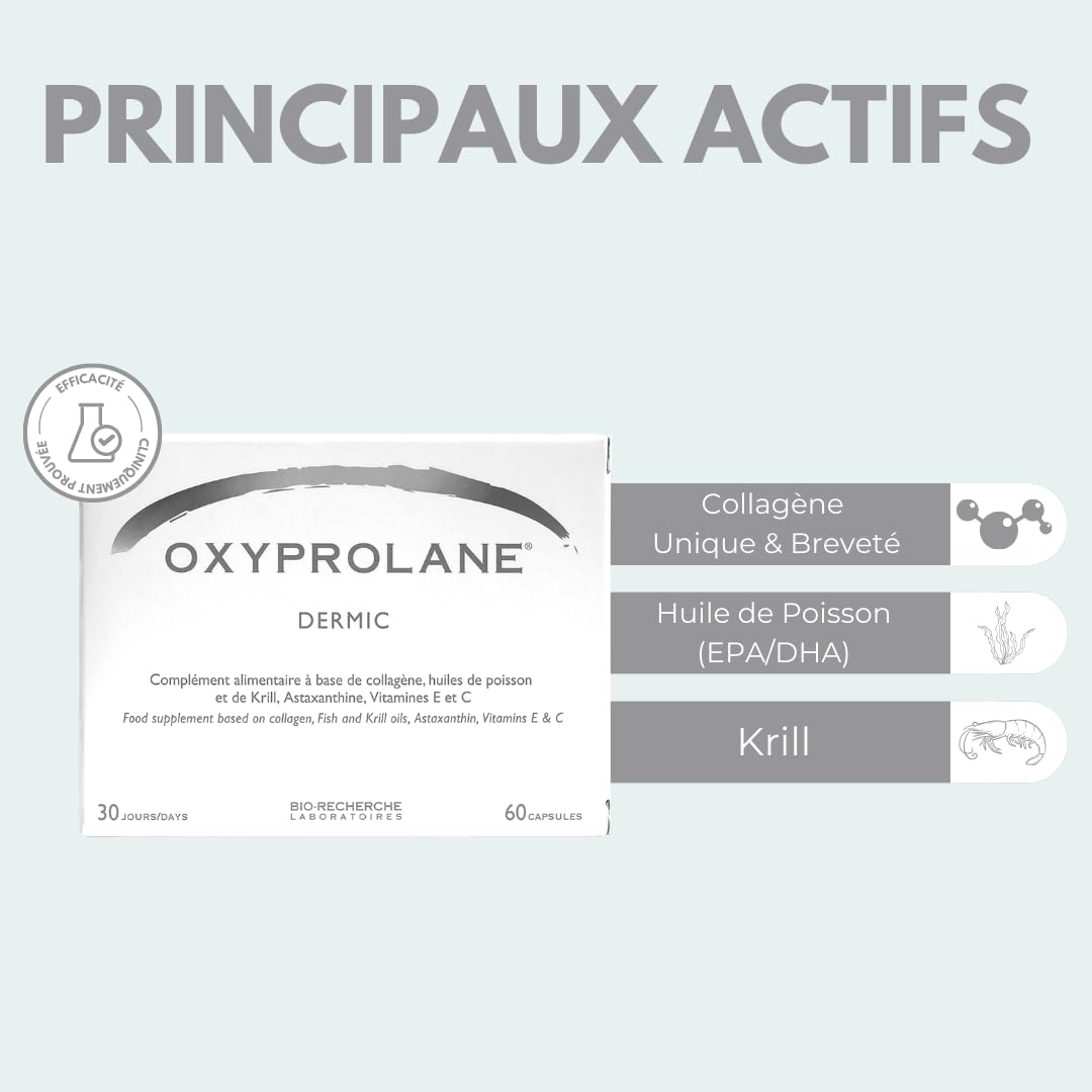 Oxyprolane® Dermic • Complément Alimentaire Anti-âge et Cicatrisant • Cure 1 mois / 60 gélules (2/j) • + 30% de synthèse du collagène en 3j • Fabriqué en France