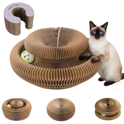 YCYATS Kitty Spin Griffoir en Carton Ondulé Multifonction avec Balle et Clochette, Planche à Griffer Pliable pour Intérieur et Extérieur, pour Jeu et Entretien des Griffes (B)