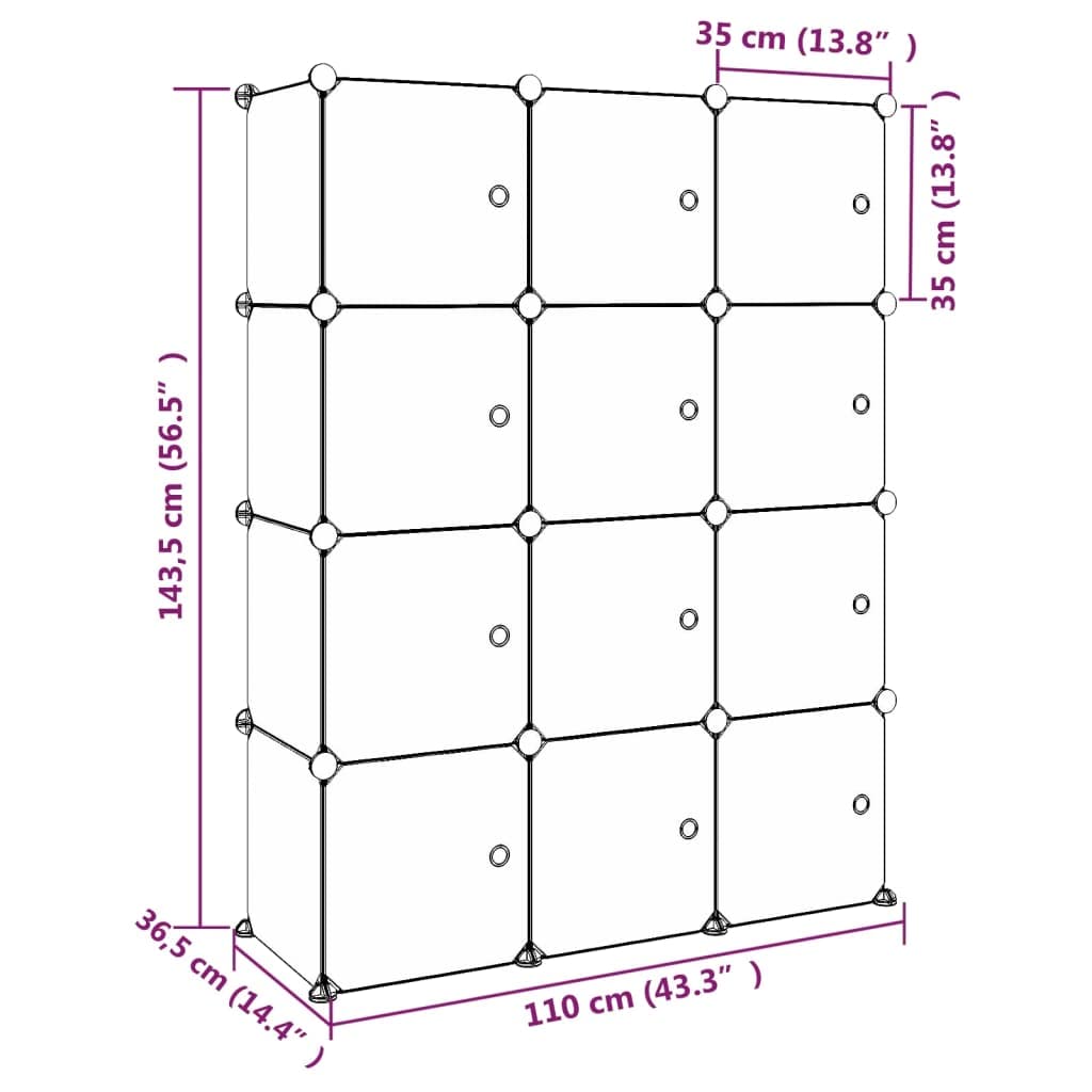 Kinderschrank Modular mit 12 Würfeln Grün PP, stabiles Regal mit Stahlrahmen, platzsparend und stapelbar, inklusive Türen und Holzhammer, ideal zum Verstauen und Ordnen im Kinderzimmer