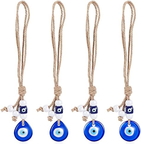 WEBEEDY 4 Pcs Blue Evil Eye Hanging Ornament, Turkish Blue Eye Glass Charm Pendant, Car Ornament Accessory for Rear View Mirror, Wall Hanging Blessing Ornament for Weddings, Home Decor