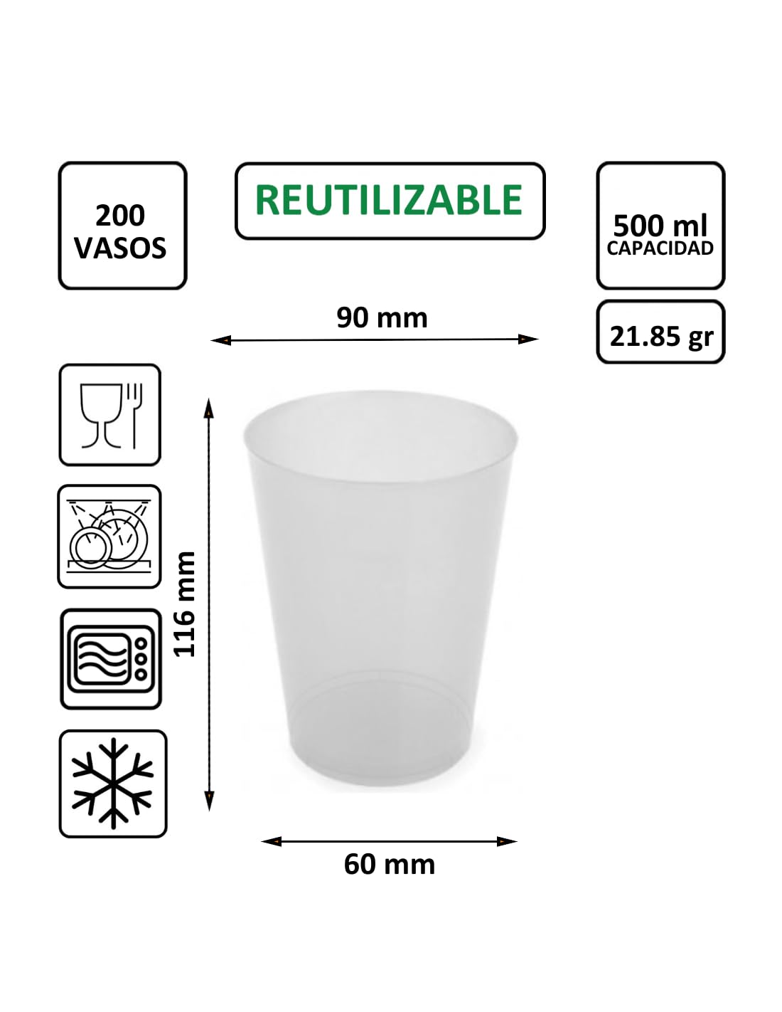 200 unidades - Vaso Sidra 500 ml Reutilizable - Polipropileno (PP) - Color traslúcido - Vaso ecológico libre de BPA, Ideal para cerveza, cubatas, agua