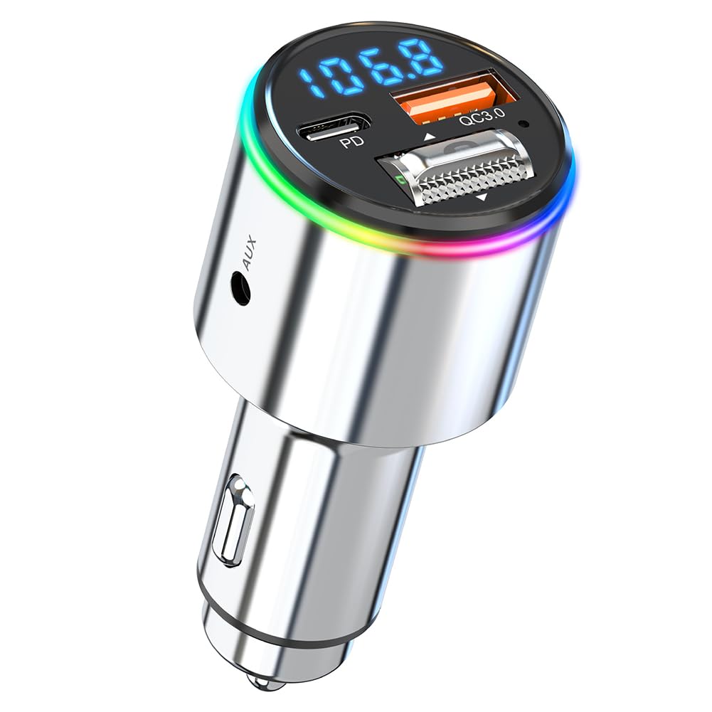 Upgraded V5.3 FM Bluetooth Transmitter Car, Full Metal Bluetooth Car Adapter, Hi-Fi Bass Sound, PD 30W & QC 18W, Handsfree Calls, 7 LED Colors, AUX Output