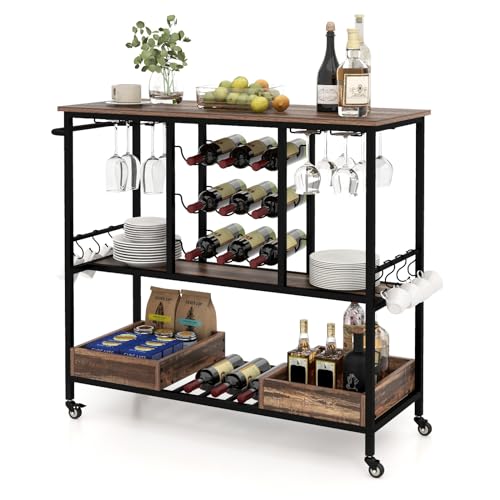 KOMFOTTEU Chariot de Cuisine à roulettes, Desserte de Service avec Porte-Bouteilles, Porte-Verre et Crochets, Chariot d'Appoint à 3 Étages pour Bar de...