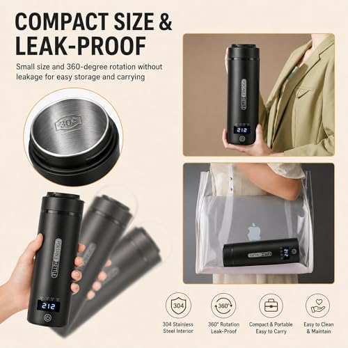 VICBINLY Portable Travel Kettle, 550ml Travel Kettle & Hot Water Dispensers for Home Office, Type C Charging 4 Temperature Settings with Cup Brush, Cream Black TKBK550 by VICBINLY - Used condition - Image 6