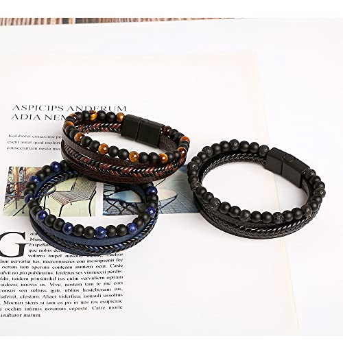 Jewbelet Mens Leather Bracelet With Clasp Multi-Layer Braided Leather Men Bead Bracelet (Tiger Eye) #TOP5