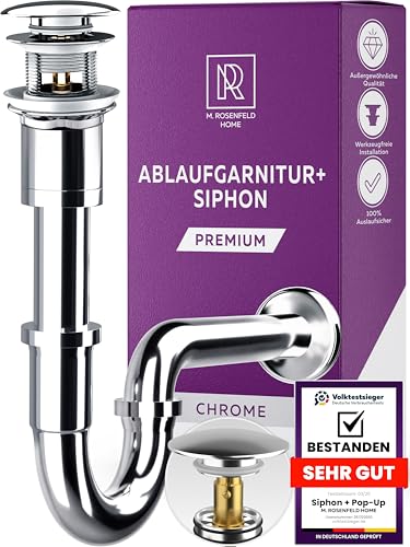 M. ROSENFELD HOME Siphon Waschbecken Ablaufgarnitur mit Überlauf - Pop Up Ablaufventil + Abflussrohr Waschbecken Geruchsverschluss für Bad Waschtisch aus Edelstahl