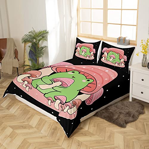 Loussiesd Cartoon Mushroom Frog Bedding Set Cute Frog Duvet Cover for Kids Boys Girls Natural Wild Fungus Comforter Cover Pink Mushroom Quilt Cover Single Size - Image 2