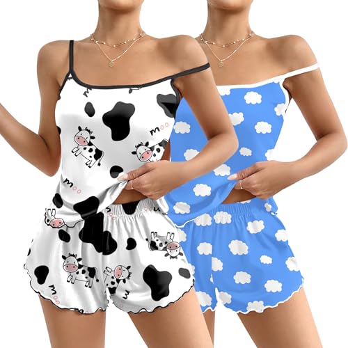 Image of Ekouaer 2 Pack Womens Cami Pajama Sets Cute Print Tank Top Pjs and Shorts Camisole Lounge Set