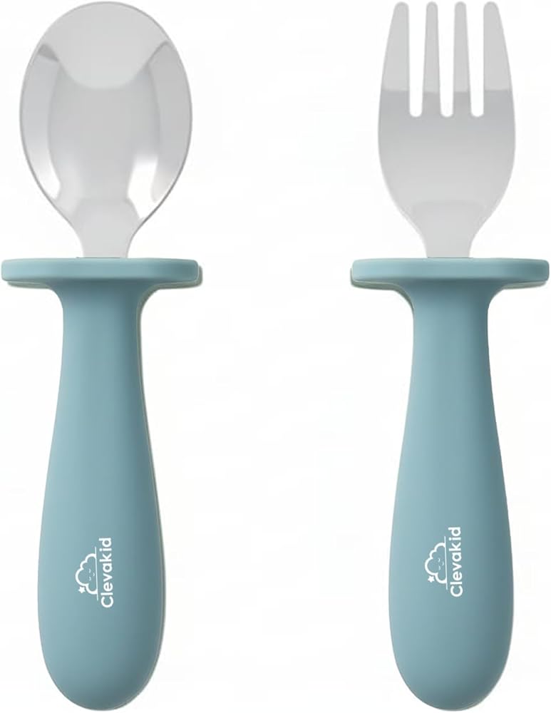 Toddler Stainless Steel Spoon & Fork Set, Non-Slip Silicone Handle, BPA-Free, Self-Feeding (Blue Light) — 사진 1