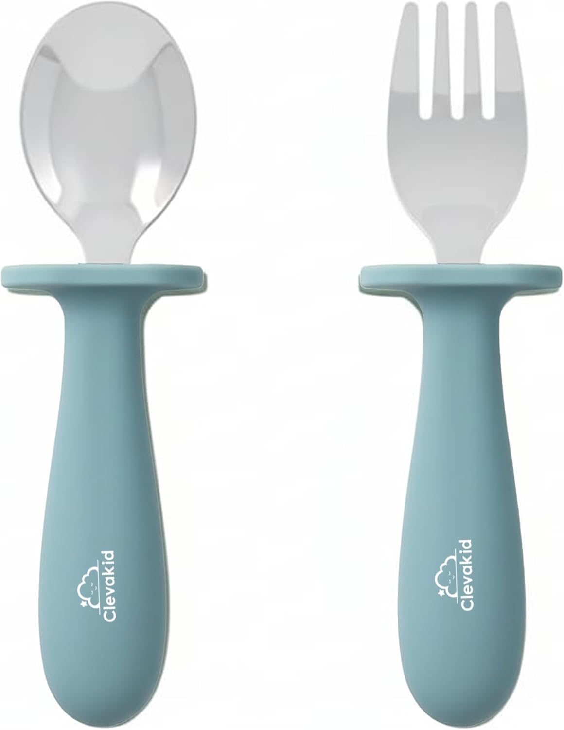Toddler Stainless Steel Spoon & Fork Set, Non-Slip Silicone Handle, BPA-Free, Self-Feeding (Blue Light)