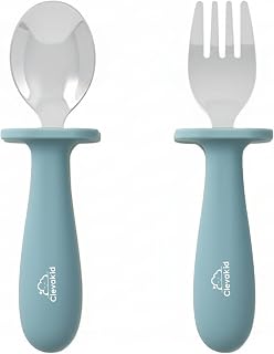 Toddler Stainless Steel Spoon & Fork Set, Non-Slip Silicone Handle, BPA-Free, Self-Feeding (Blue Light)