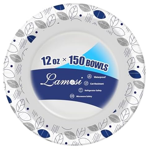 Lamosi 150 Counts 12 oz Paper Bowls, Heavy Duty Soak Proof Paper Bowls, Microwave Safe, Disposable Bowls Bulk for Breakfast, Lunch, and Dinner Meals Cover