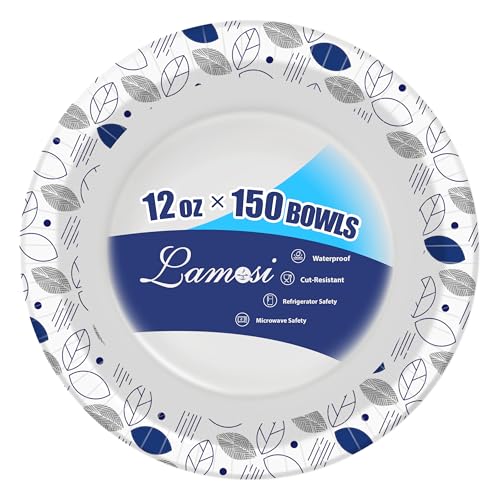 Lamosi 150 Counts 12 oz Paper Bowls, Heavy Duty Soak Proof Paper Bowls, Microwave Safe, Disposable Bowls Bulk for Breakfast, Lunch, and Dinner Meals