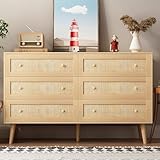 HUANLEGO Dresser for Bedroom, Rattan Dresser with 6 Drawer Dressers & Chests of Drawers Natural Boho Dresser Wood Storage Organizer Chest of Drawers for Bedroom, Hallway, Entryway, Living Room