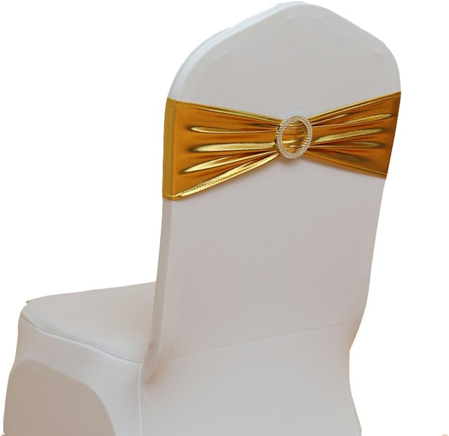 20pcs Wedding Chair Sashes Gold Chairs Bows Elastic Chair Band with Buckle for Wedding Party Father‘s Day Decoration