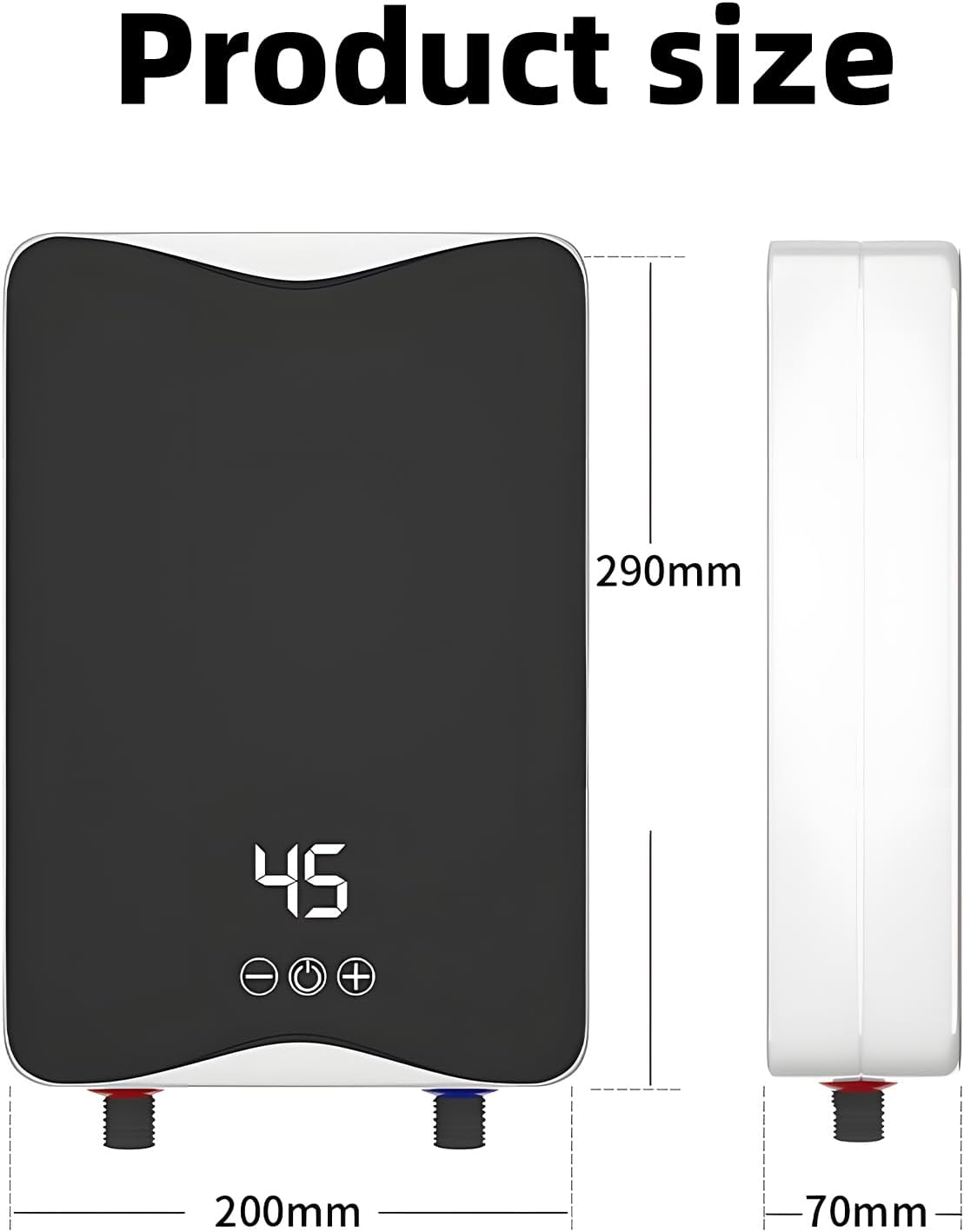 Diagram showing the dimensions of the ALongDeng RYJ-002 water heater: 290mm height, 200mm width, and 70mm depth.