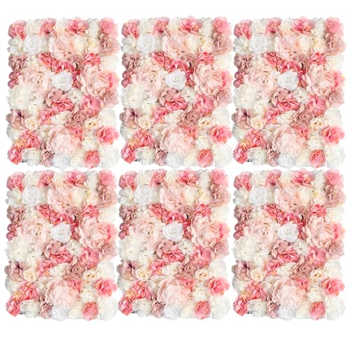 BloomTrend 3D Flower Wall Backdrop 6 Pack, 24x16 Inch Blush Pink & Ivory Artificial Rose Panels, Polyester Material for Wedding, Party, Photo Studio, Home & Fence Decor