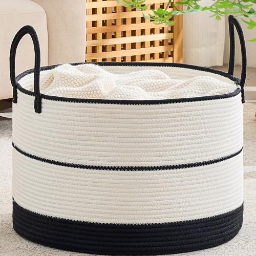Image of KAKAMAY Cotton Rope Storage Basket (20 inchx13 inch),Woven Hamper for Blankets,Toys,Pillows,Clothes,Laundry,Sturdy Handles Decorative Basket for Living Room, Bedroom,Nursery(Black /Beige)