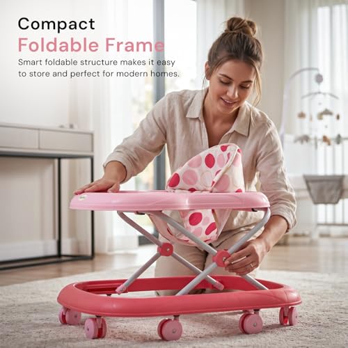 Image of Baybee Stepzilla Baby Walker for Kids | Foldable Activity Walker with 3-Level Height Adjustment, Soft Cushion Seat, Smooth Wheels & Toy Bar | Baby Walker for 6-18 Months Boys & Girls (Pink)