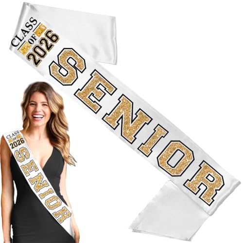 Senior Picture Prop Class of 2026 - Class of 2026 Senior Gold with Black Outline PREMIUM GRADE Sash - UNISEX School Team Supplies - White Sash (Gld/Blk ClsOf26)