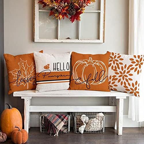 AnyDesign Fall Pillow Cover 18 x 18 Inch Hello Pumpkin Modern Throw Pillow Case Orange Pumpkin Autumn Leaves Cushion Case Farmhouse Decorative Cushion Cover for Home Office, 4Pcs